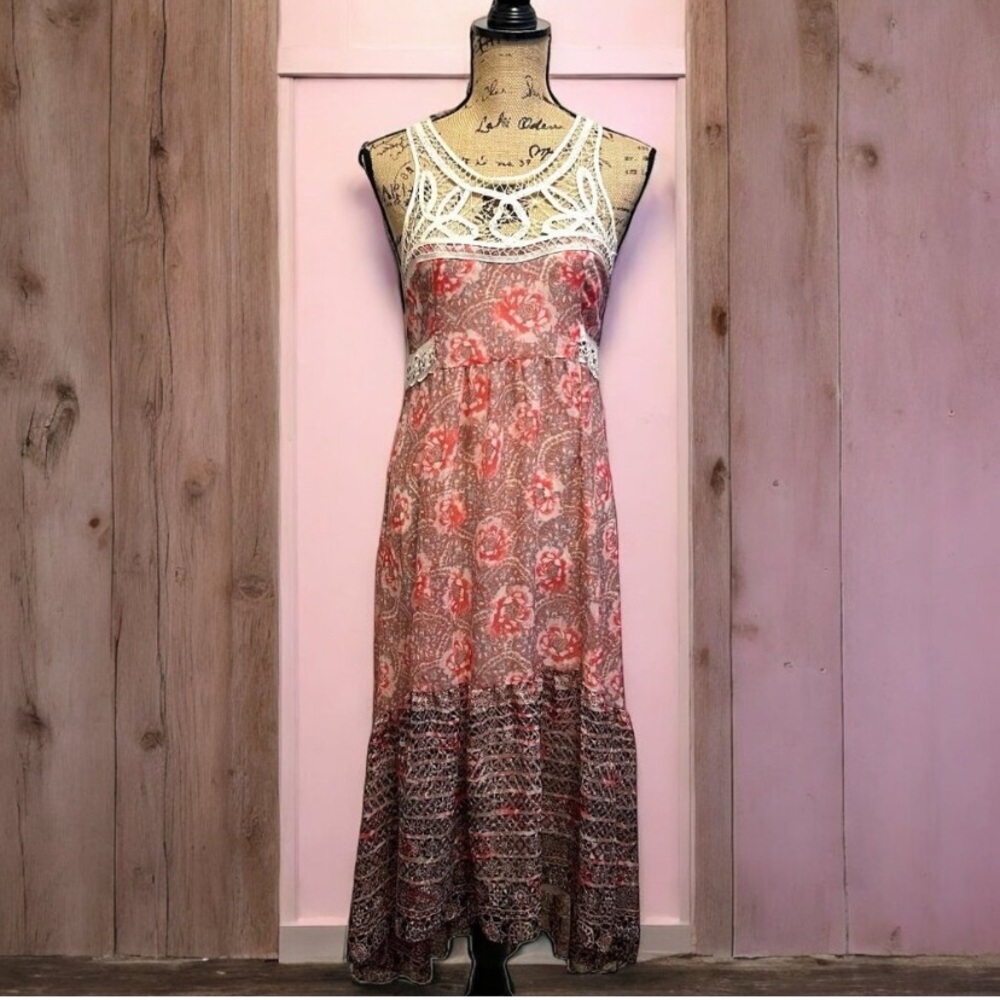 Free People Pink Floral Hi Low Hem Sleeveless Open Lace Neckline Midi Dress